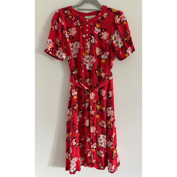Loft‎ Midi Dress Womens 6P Red Floral Short Sleeve Bleted Career Preppy Modest - Picture 2 of 4
